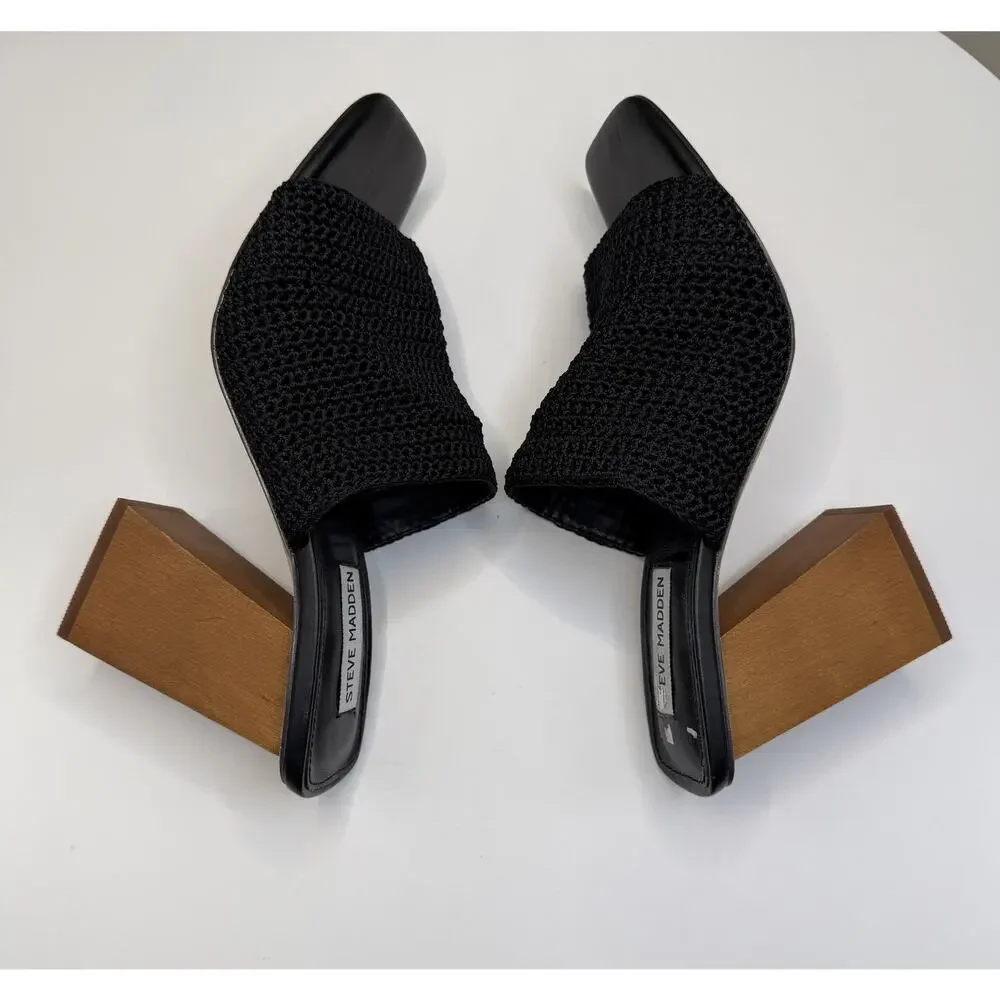 Steve Madden Realize Black Slide Sandal with Block Heel Sz 9